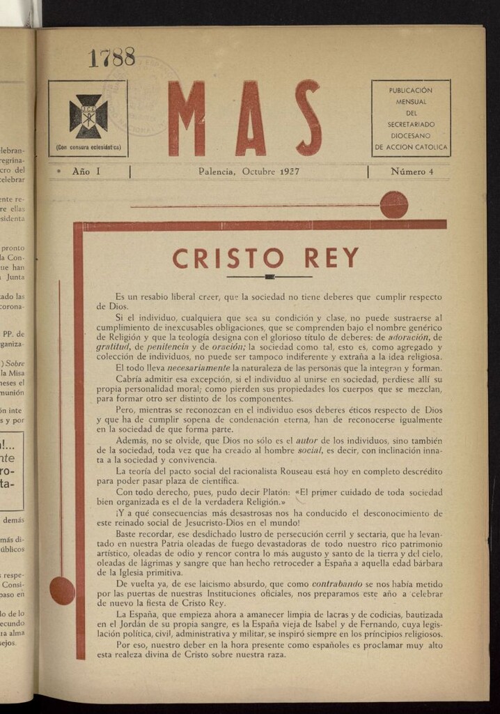 Miniatura de Mas : publicación mensual del Secretariado local de acción católica de octubre de 1937