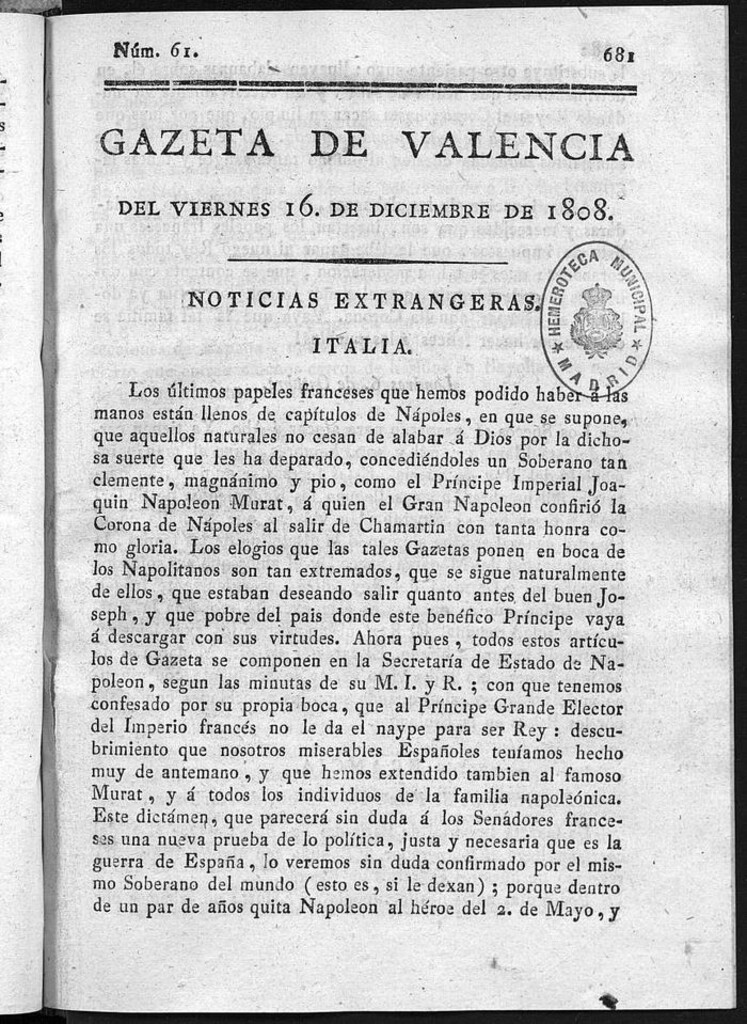 Miniatura de Gazeta de Valencia del 16 de Diciembre de 1808