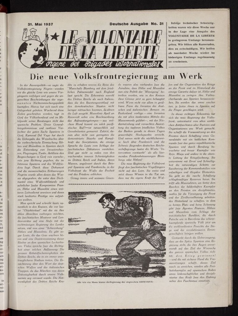 Miniatura de Le Volontaire de la Liberté : Organe des Brigades Internationales. 31 mai, 1937