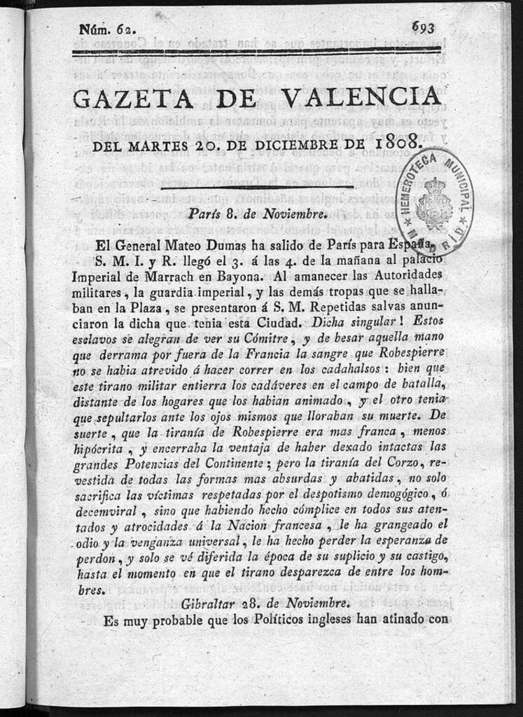 Miniatura de Gazeta de Valencia del 20 de Diciembre de 1808