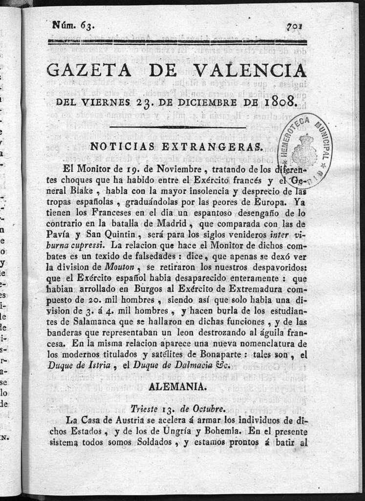 Miniatura de Gazeta de Valencia del 23 de Diciembre de 1808