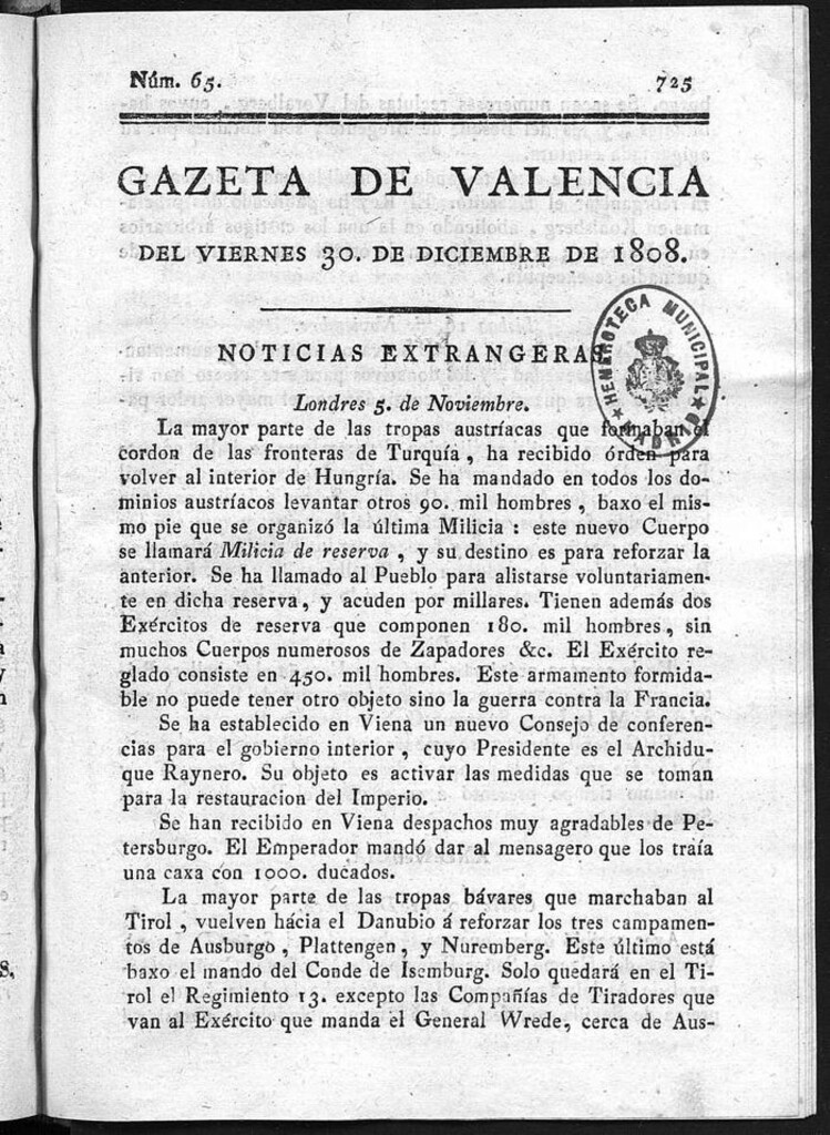 Miniatura de Gazeta de Valencia del 30 de Diciembre de 1808