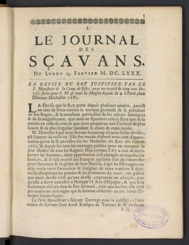 Miniatura de Le Journal des Sçavans pour l´année del 15 de enero de 1680, nº 1