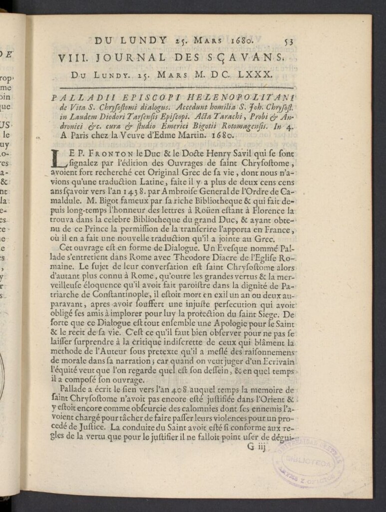 Miniatura de Le Journal des Sçavans pour l´année del 25 de marzo de 1680, nº 8