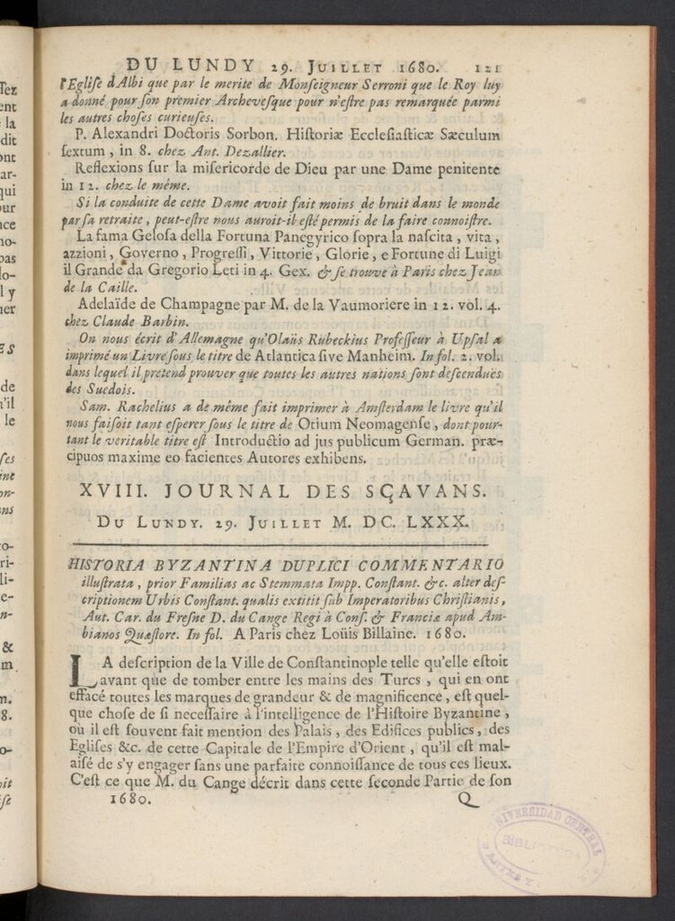 Miniatura de Le Journal des Sçavans pour l´année del 29 de julio de 1680, nº 18