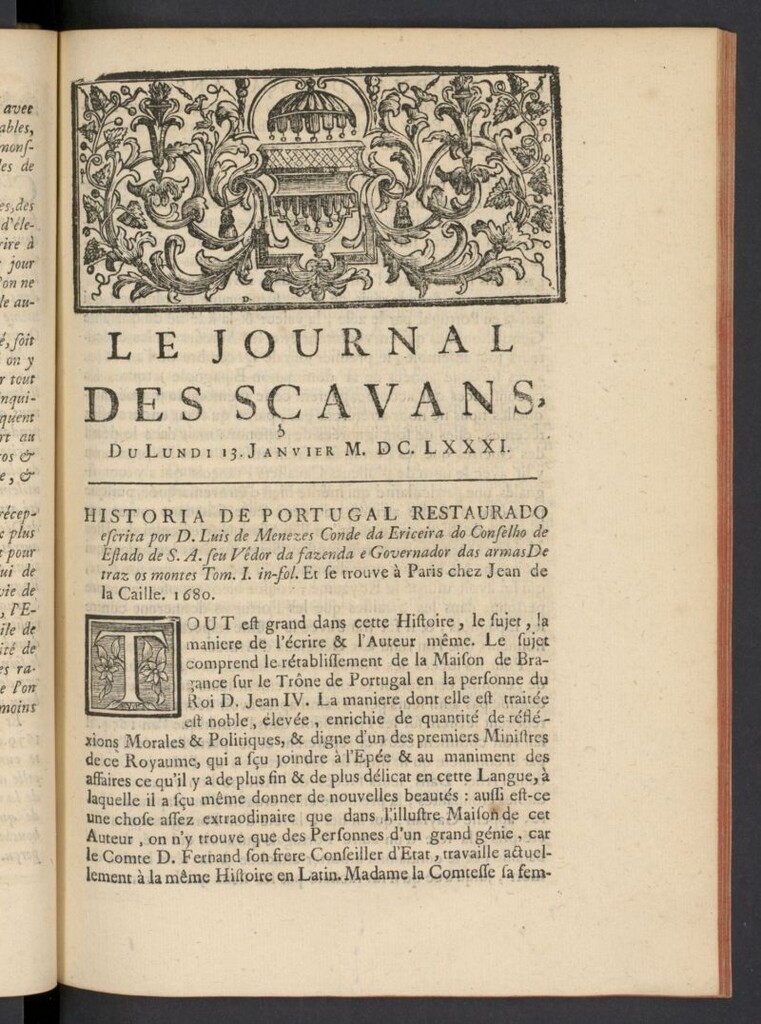 Miniatura de Le Journal des Sçavans pour l´année del 13 de enero de 1681, nº 1