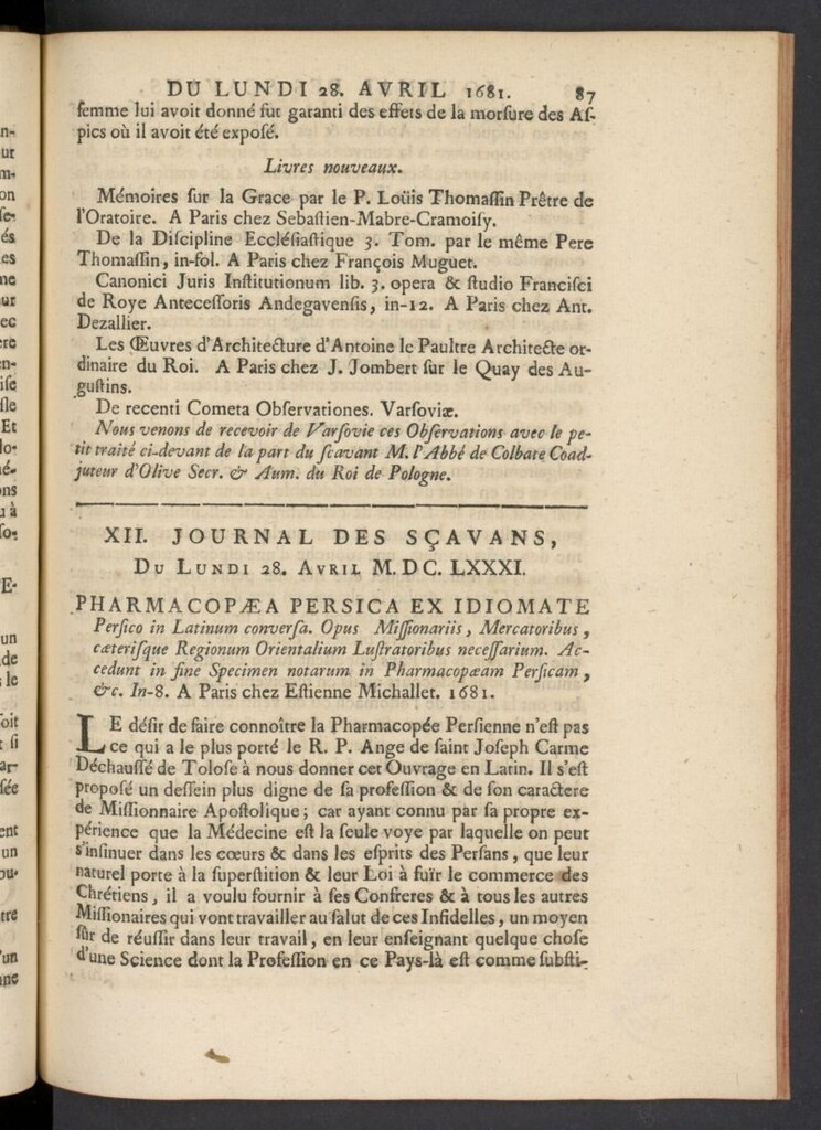 Miniatura de Le Journal des Sçavans pour l´année del 28 de abril de 1681, nº 12