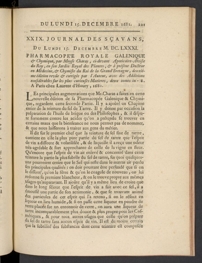 Miniatura de Le Journal des Sçavans pour l´année del 15 de diciembre de 1681, nº 29