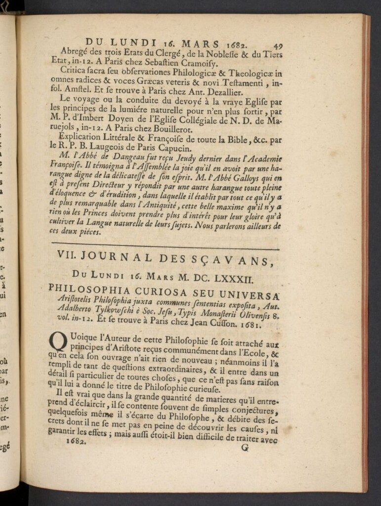 Miniatura de Le Journal des Sçavans pour l´année del 16 de marzo de 1682, nº 7