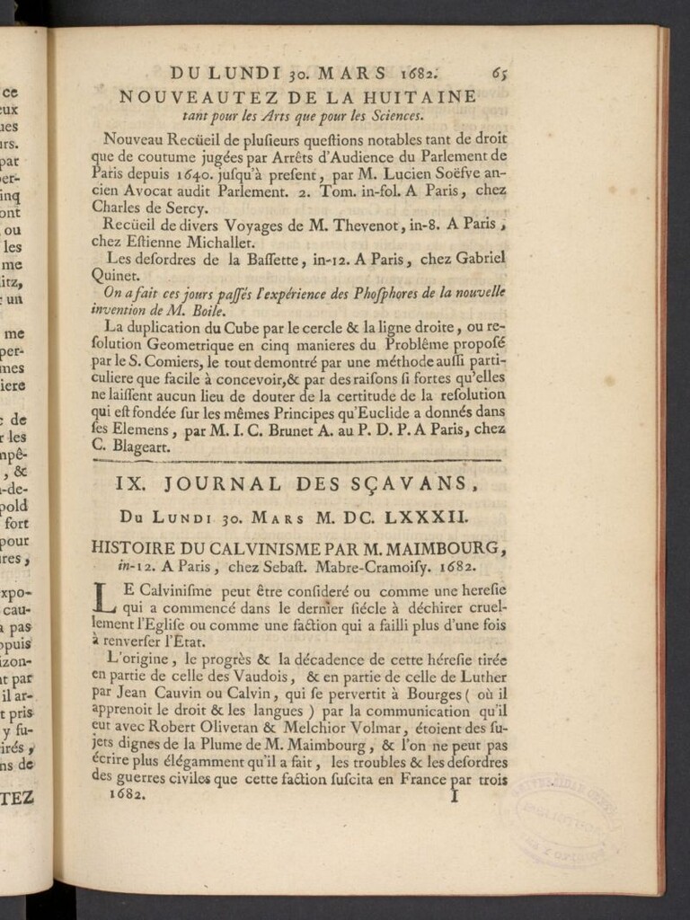 Miniatura de Le Journal des Sçavans pour l´année del 30 de marzo de 1682, nº 9