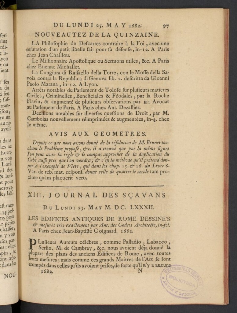 Miniatura de Le Journal des Sçavans pour l´année del 25 de mayo de 1682, nº 13