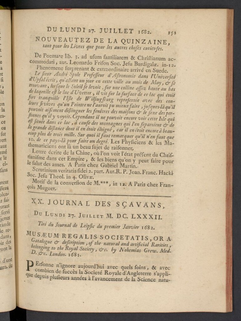 Miniatura de Le Journal des Sçavans pour l´année del 27 de julio de 1682, nº 20
