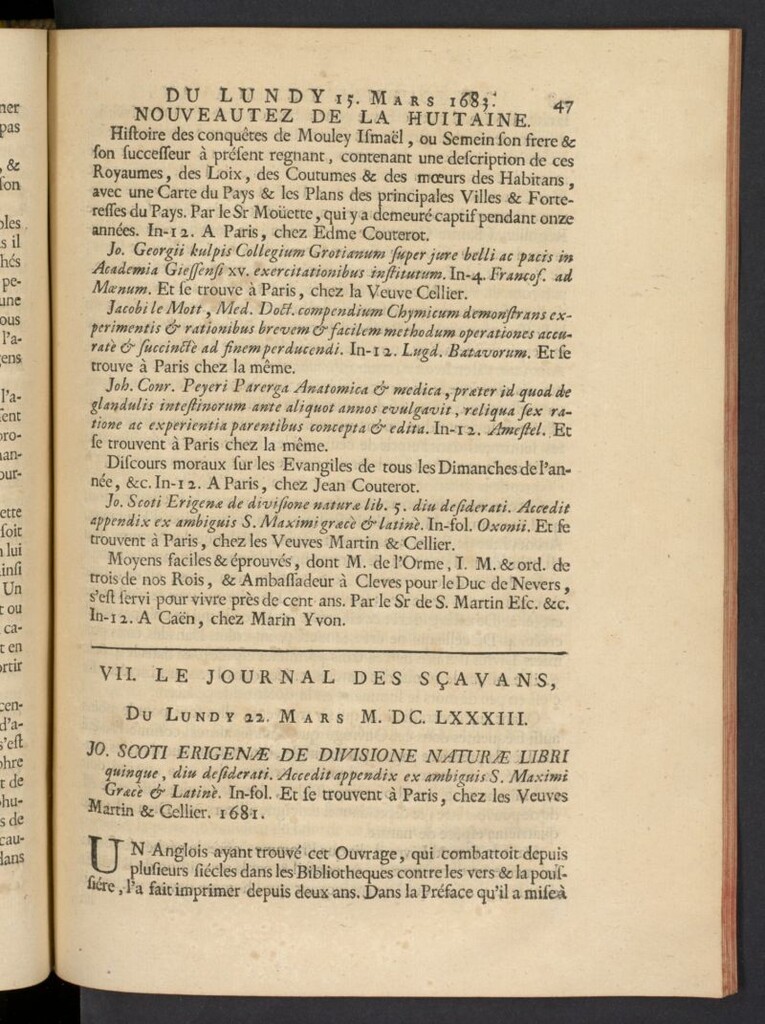 Miniatura de Le Journal des Sçavans pour l´année del 22 de marzo de 1683, nº 7