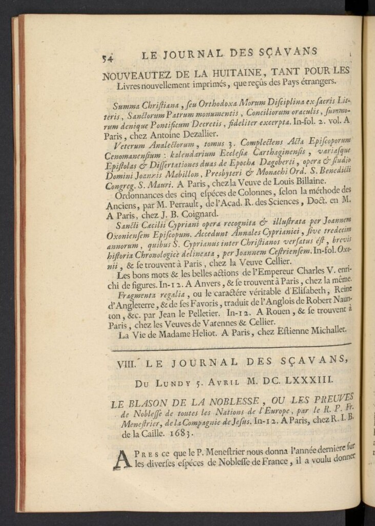 Miniatura de Le Journal des Sçavans pour l´année del 5 de abril de 1683, nº 8