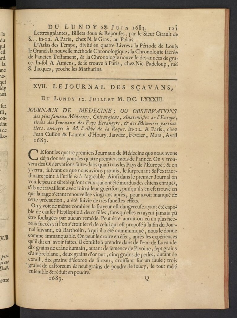 Miniatura de Le Journal des Sçavans pour l´année del 12 de julio de 1683, nº 17