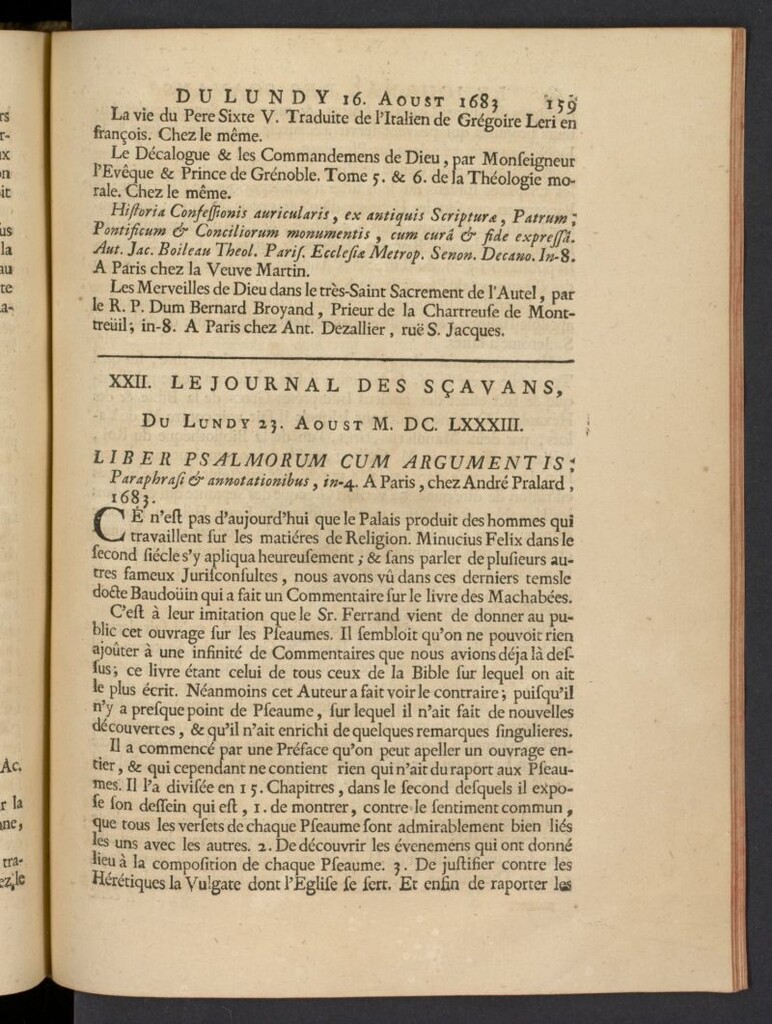 Miniatura de Le Journal des Sçavans pour l´année del 23 de agosto de 1683, nº 22
