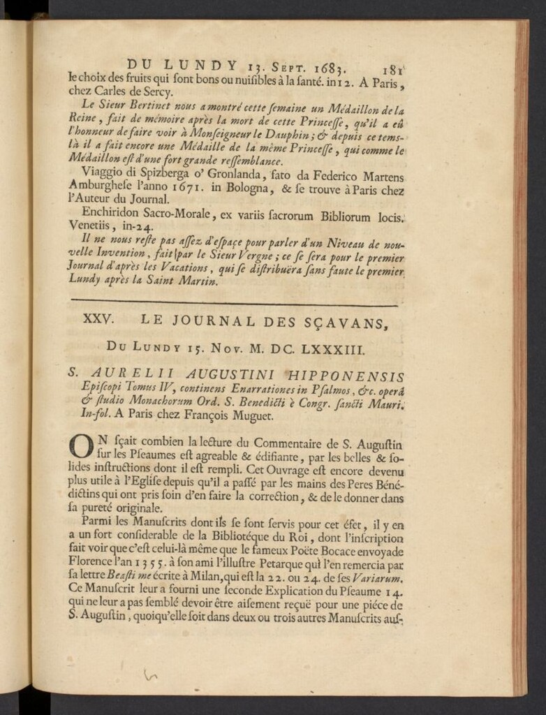 Miniatura de Le Journal des Sçavans pour l´année del 15 de noviembre de 1683, nº 25