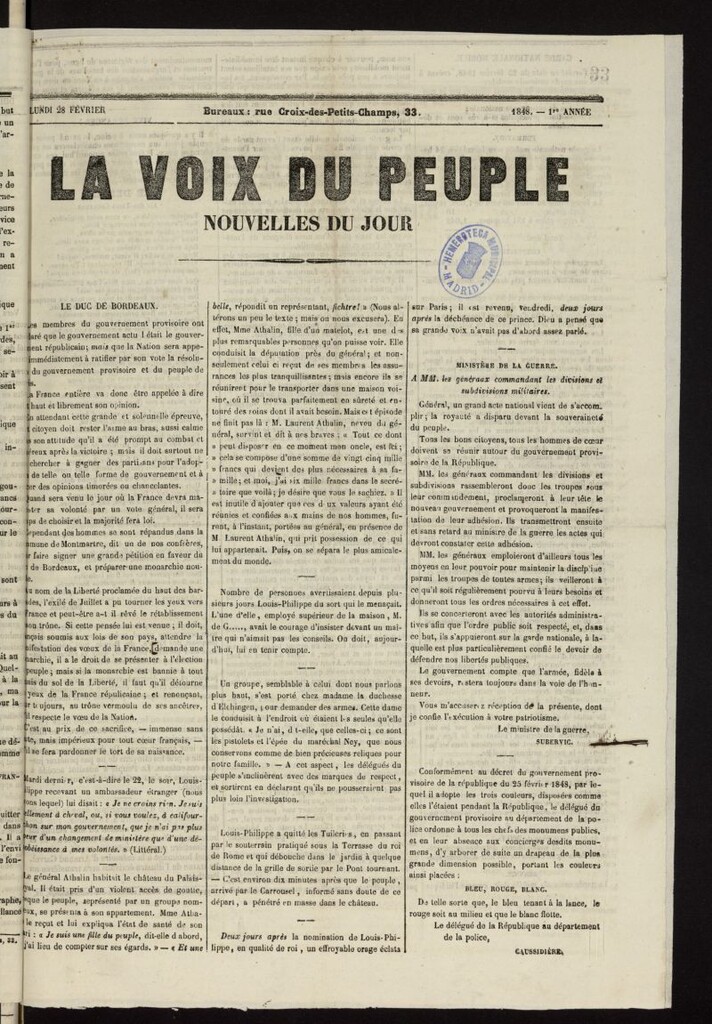 Miniatura de La Voix du Peuple : nouvelles du jour del 28 de febrero de 1848
