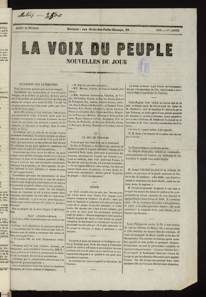 Miniatura de La Voix du Peuple : nouvelles du jour del 29 de febrero de 1848