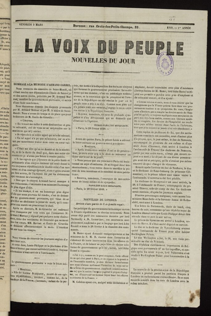 Miniatura de La Voix du Peuple : nouvelles du jour del 3 de marzo de 1848