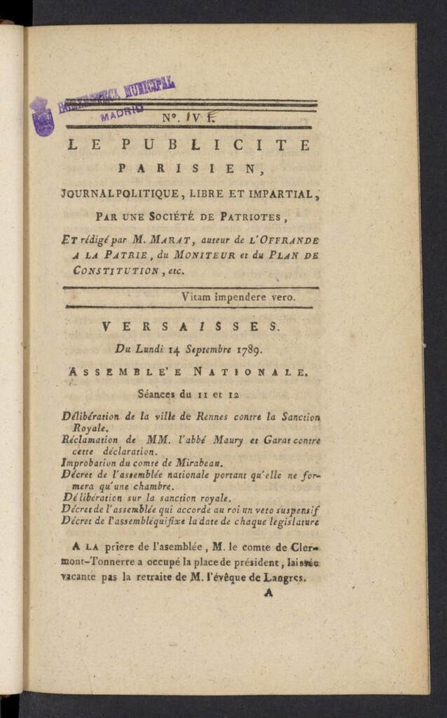 Miniatura de L´Ami du peuple ou Le Publiciste Parisien del 14 de septiembre de 1789, nº 4