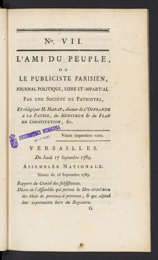 Miniatura de L´Ami du peuple ou Le Publiciste Parisien del 17 de septiembre de 1789, nº 7