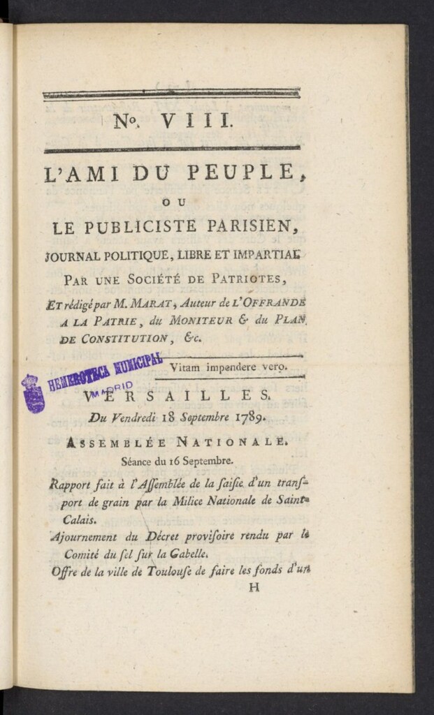 Miniatura de L´Ami du peuple ou Le Publiciste Parisien del 18 de septiembre de 1789, nº 8
