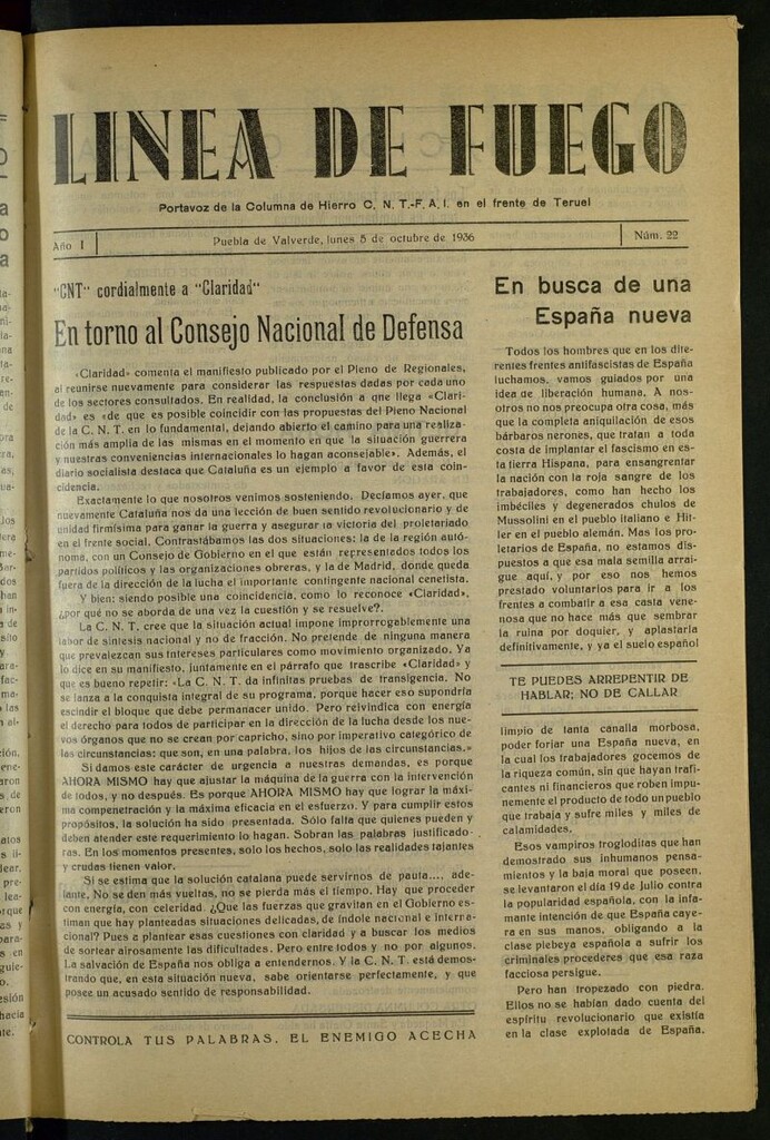 Miniatura de Línea de fuego : portavoz de la Columna de hierro CNT-FAI en el Frente de Teruel del 5 de octubre de 1936