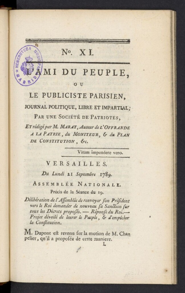Miniatura de L´Ami du peuple ou Le Publiciste Parisien del 21 de septiembre de 1789, nº 11
