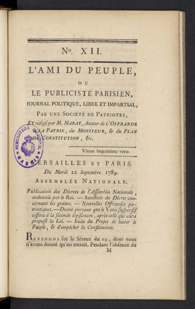 Miniatura de L´Ami du peuple ou Le Publiciste Parisien del 22 de septiembre de 1789, nº 12