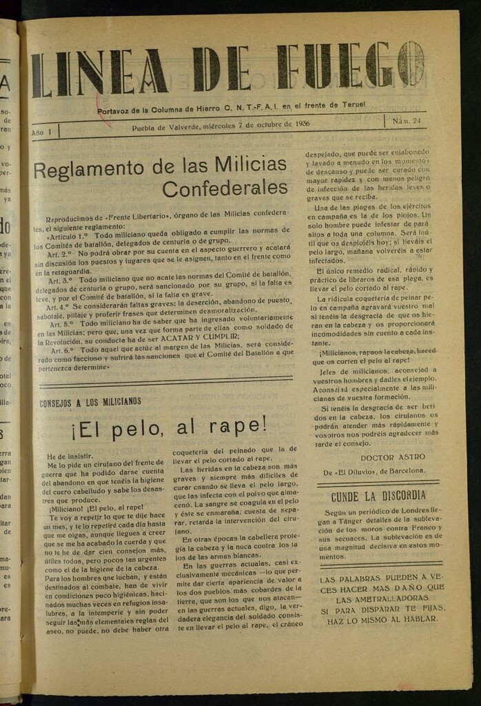 Miniatura de Línea de fuego : portavoz de la Columna de hierro CNT-FAI en el Frente de Teruel del 7 de octubre de 1936