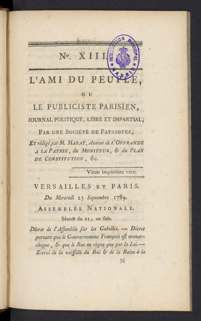 Miniatura de L´Ami du peuple ou Le Publiciste Parisien del 23 de septiembre de 1789, nº 13