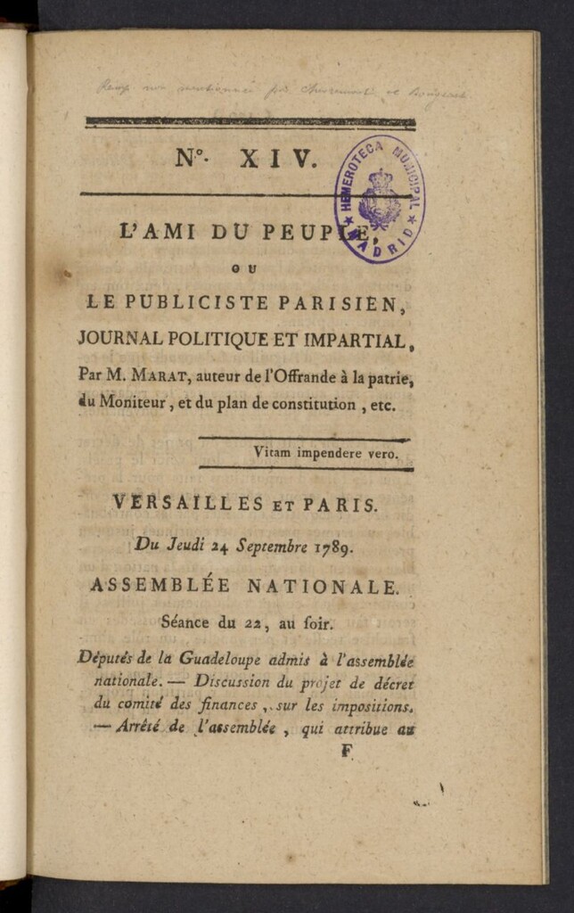 Miniatura de L´Ami du peuple ou Le Publiciste Parisien del 24 de septiembre de 1789, nº 14