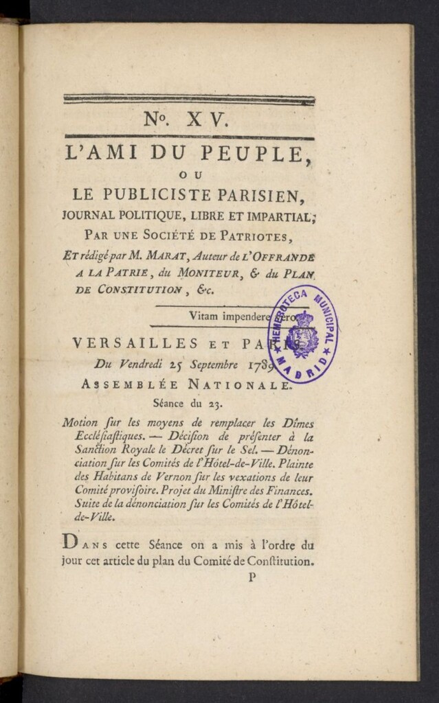 Miniatura de L´Ami du peuple ou Le Publiciste Parisien del 25 de septiembre de 1789, nº 15