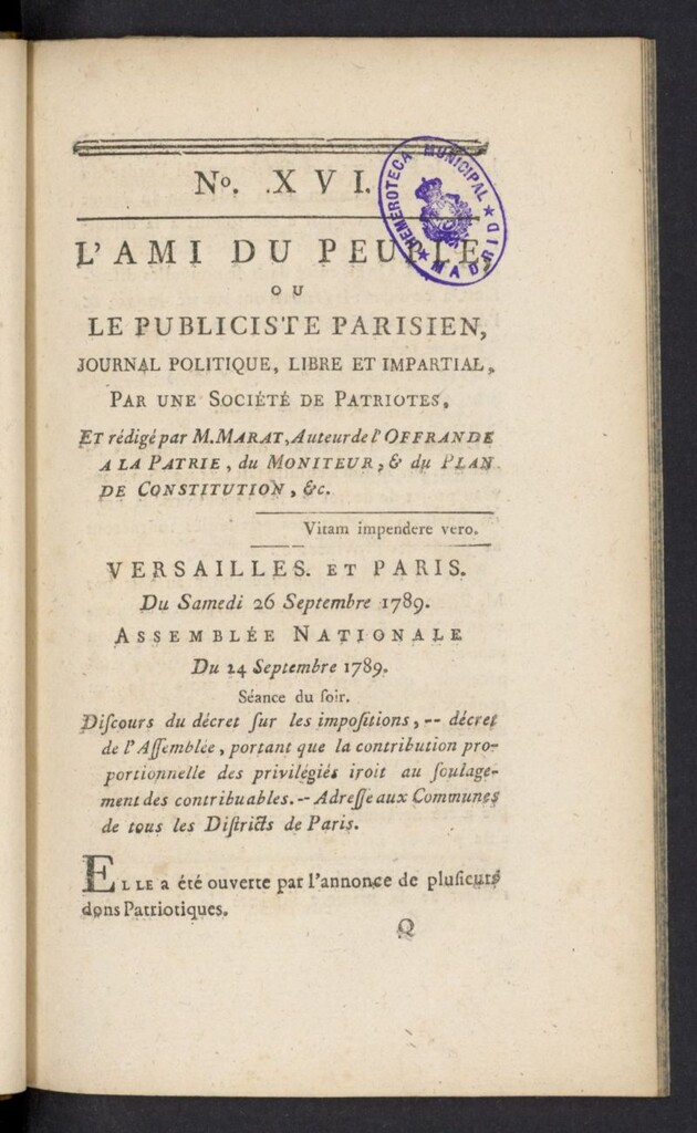 Miniatura de L´Ami du peuple ou Le Publiciste Parisien del 26 de septiembre de 1789, nº 16