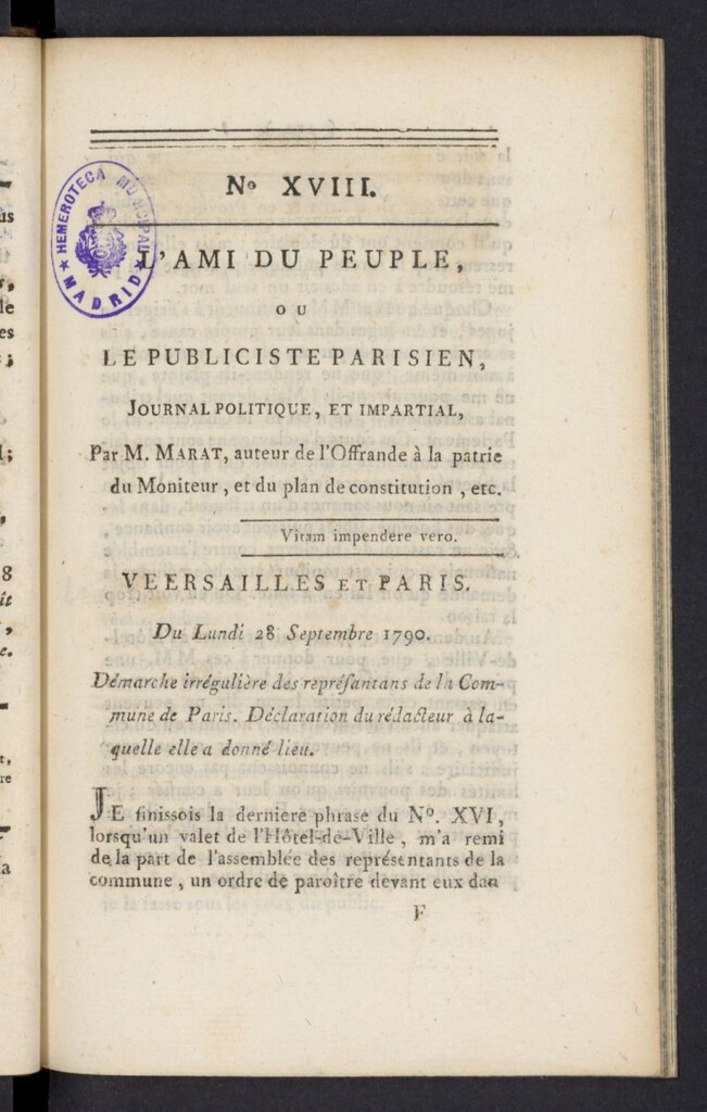 Miniatura de L´Ami du peuple ou Le Publiciste Parisien del 28 de septiembre de 1790 [sic], nº 18