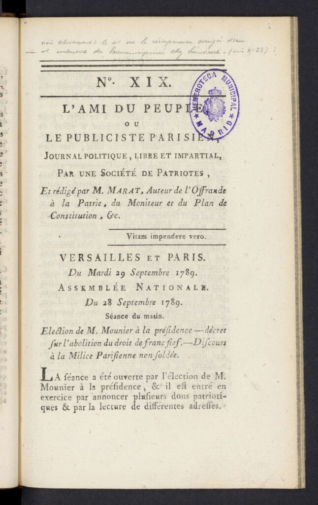 Miniatura de L´Ami du peuple ou Le Publiciste Parisien del 29 de septiembre de 1789, nº 19