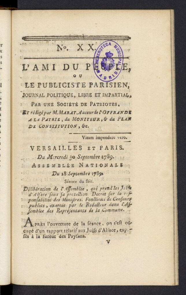 Miniatura de L´Ami du peuple ou Le Publiciste Parisien del 30 de septiembre de 1789, nº 20