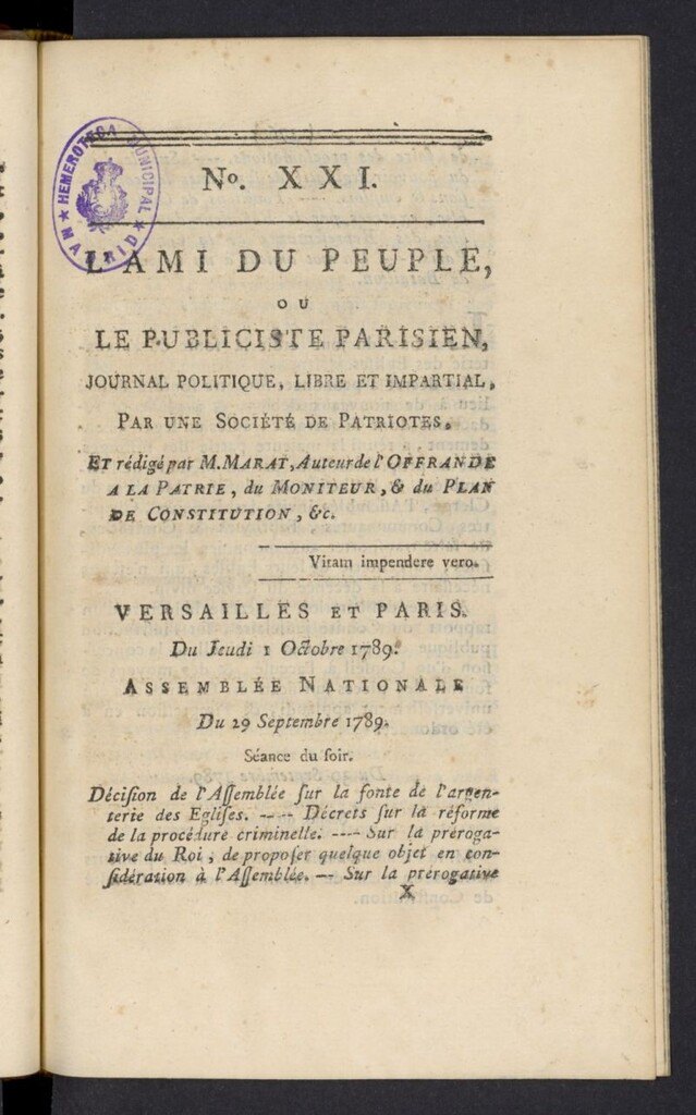 Miniatura de L´Ami du peuple ou Le Publiciste Parisien del 1 de octubre de 1789, nº 21