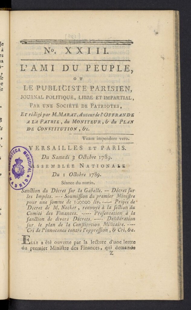 Miniatura de L´Ami du peuple ou Le Publiciste Parisien del 3 de octubre de 1789, nº 23