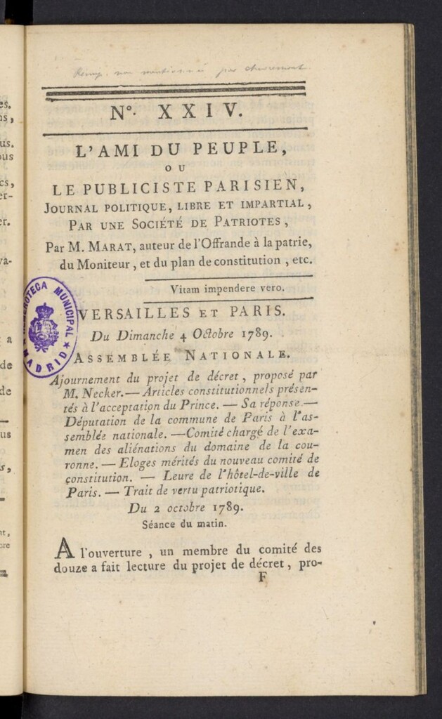 Miniatura de L´Ami du peuple ou Le Publiciste Parisien del 4 de octubre de 1789, nº 24