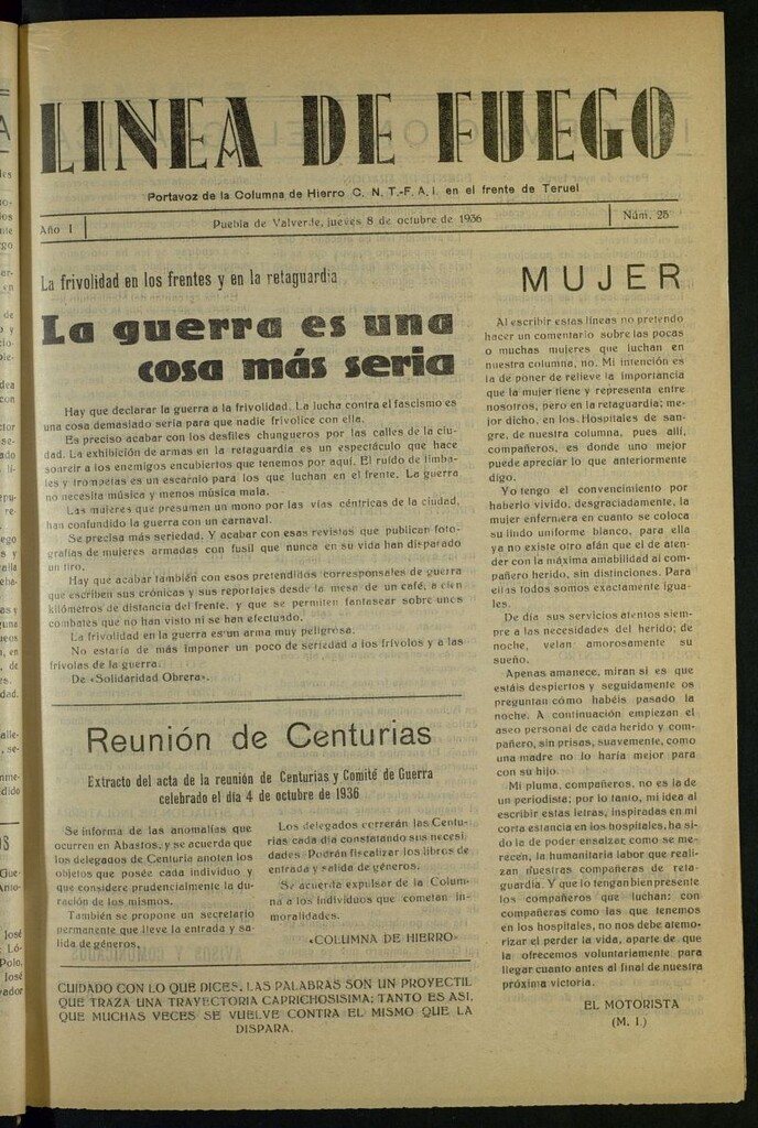 Miniatura de Línea de fuego : portavoz de la Columna de hierro CNT-FAI en el Frente de Teruel del 8 de octubre de 1936