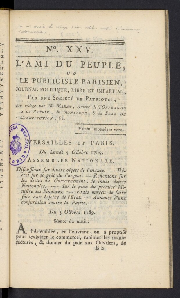 Miniatura de L´Ami du peuple ou Le Publiciste Parisien del 5 de octubre de 1789, nº 25
