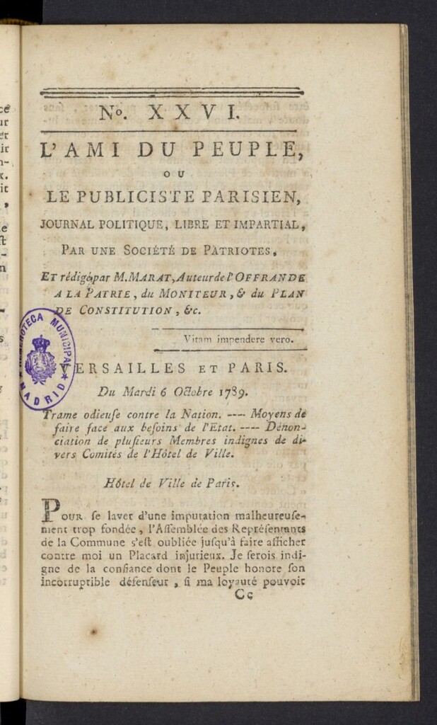 Miniatura de L´Ami du peuple ou Le Publiciste Parisien del 6 de octubre de 1789, nº 26