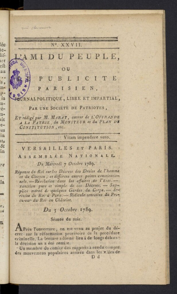 Miniatura de L´Ami du peuple ou Le Publiciste Parisien del 7 de octubre de 1789, nº 27