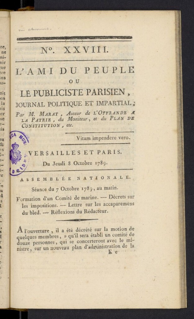 Miniatura de L´Ami du peuple ou Le Publiciste Parisien del 8 de octubre de 1789, nº 28