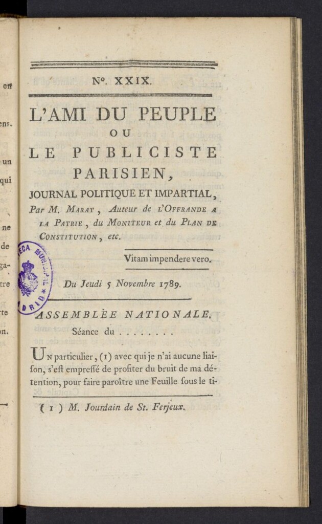 Miniatura de L´Ami du peuple ou Le Publiciste Parisien del 5 de noviembre de 1789, nº 29