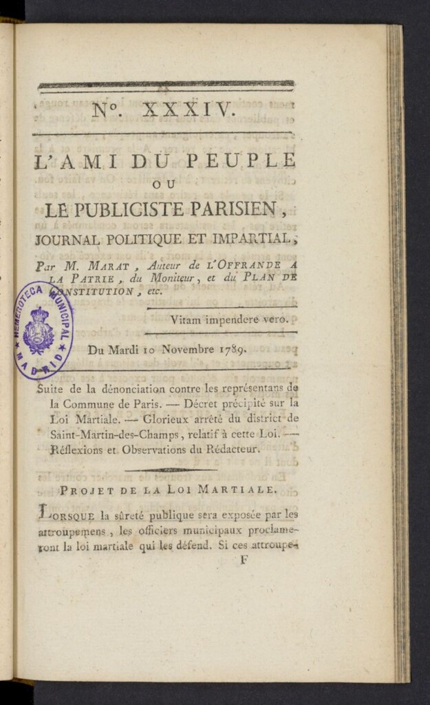 Miniatura de L´Ami du peuple ou Le Publiciste Parisien del 10 de noviembre de 1789, nº 34