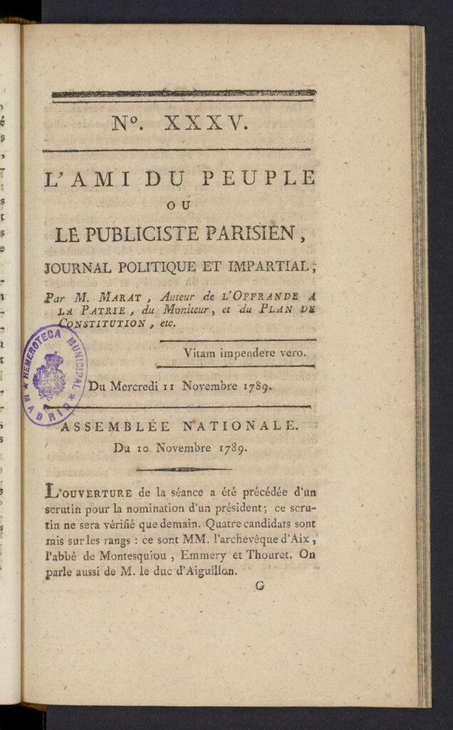 Miniatura de L´Ami du peuple ou Le Publiciste Parisien del 11 de noviembre de 1789, nº 35