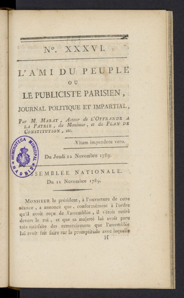 Miniatura de L´Ami du peuple ou Le Publiciste Parisien del 12 de noviembre de 1789, nº 36